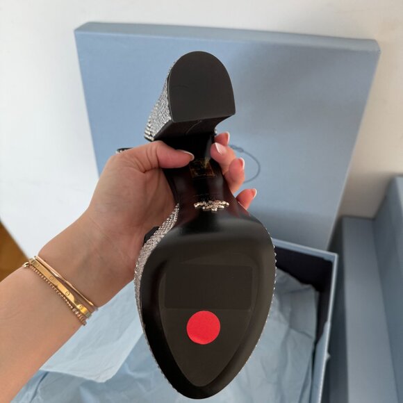 Prada Satin Black Embellished Platform Heels Logo Crystal Pumps Sandals - Picture 9 of 9